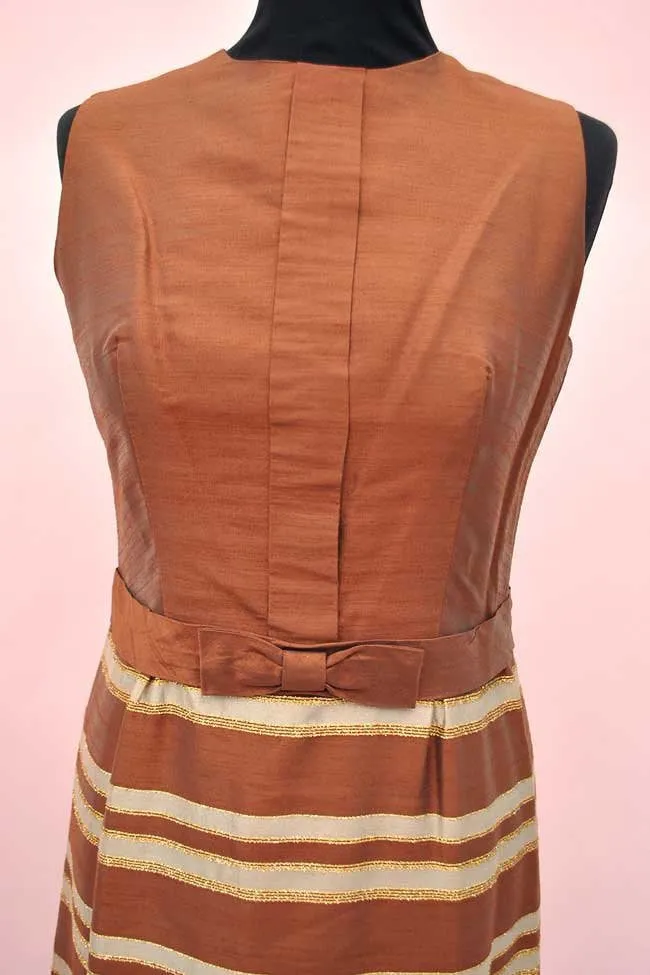 1960s Vintage Silk Copper & Gold Striped Sharkskin Cocktail Dress