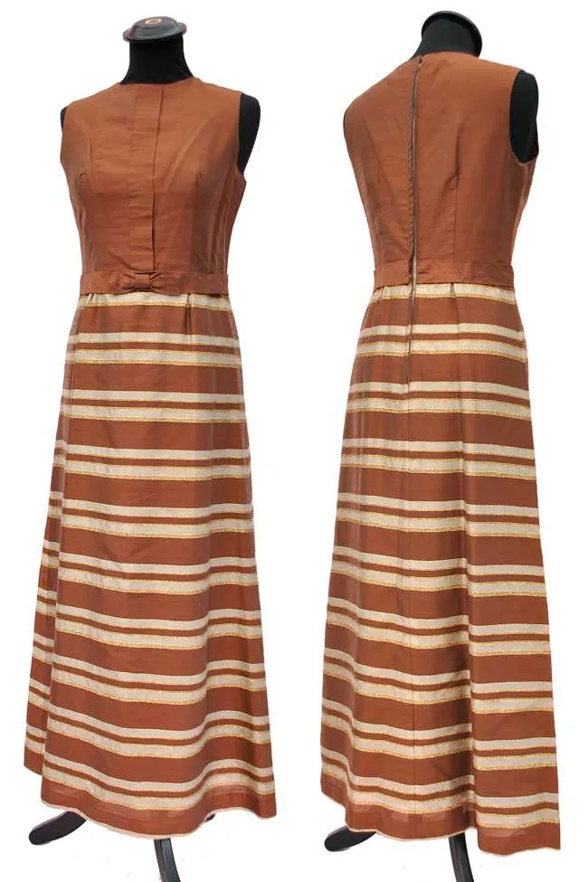 1960s Vintage Silk Copper & Gold Striped Sharkskin Cocktail Dress