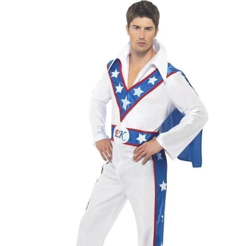 1970s Evel Knievel Daredevil Costume Adult White Blue Jumpsuit