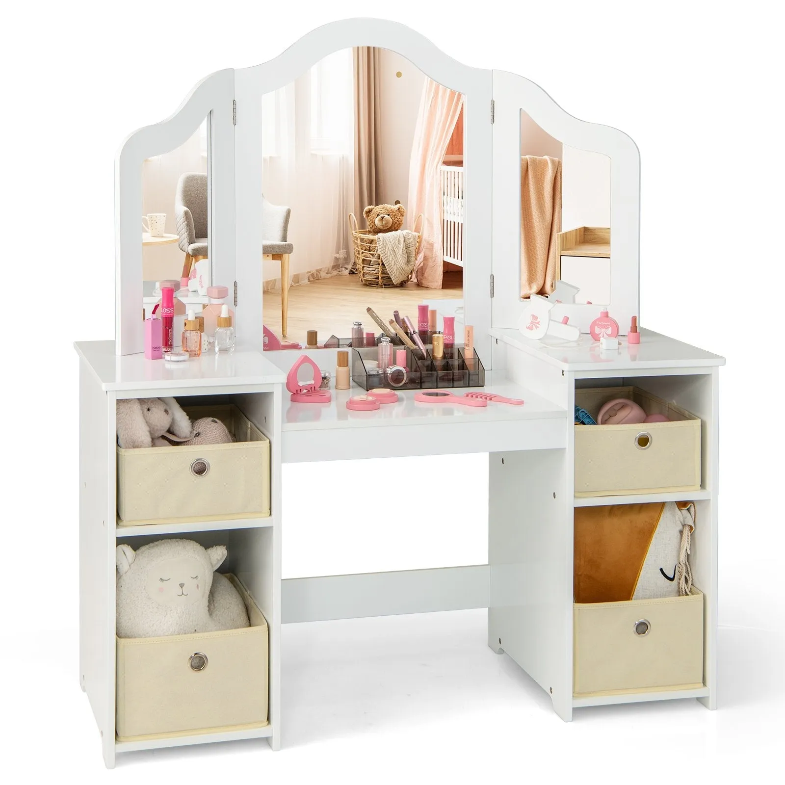 2-in-1 Princess Makeup Vanity Desk with Removable Mirrors-White