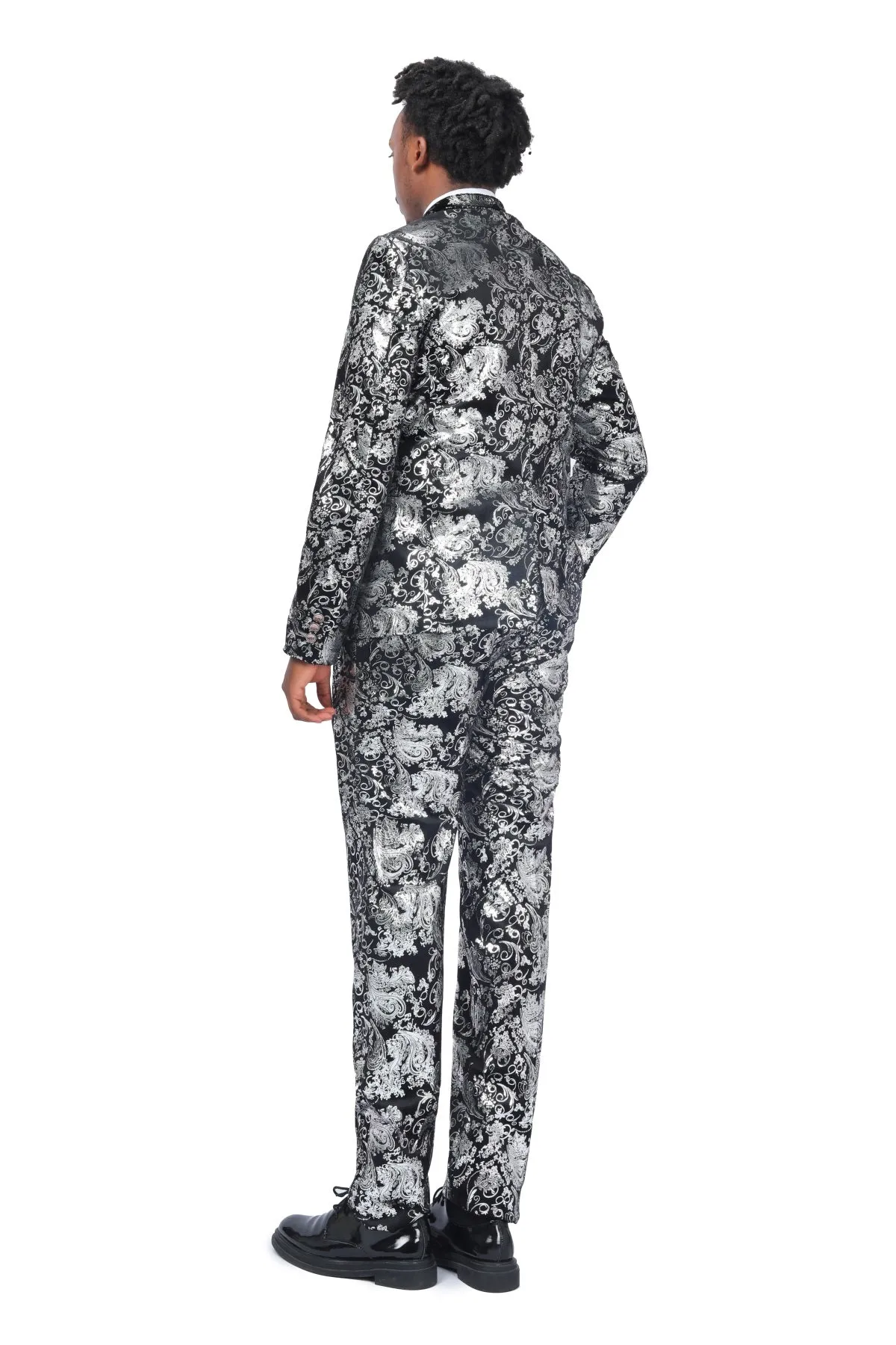 2-Piece Slim Fit Stylish Dress Floral Suit Silver