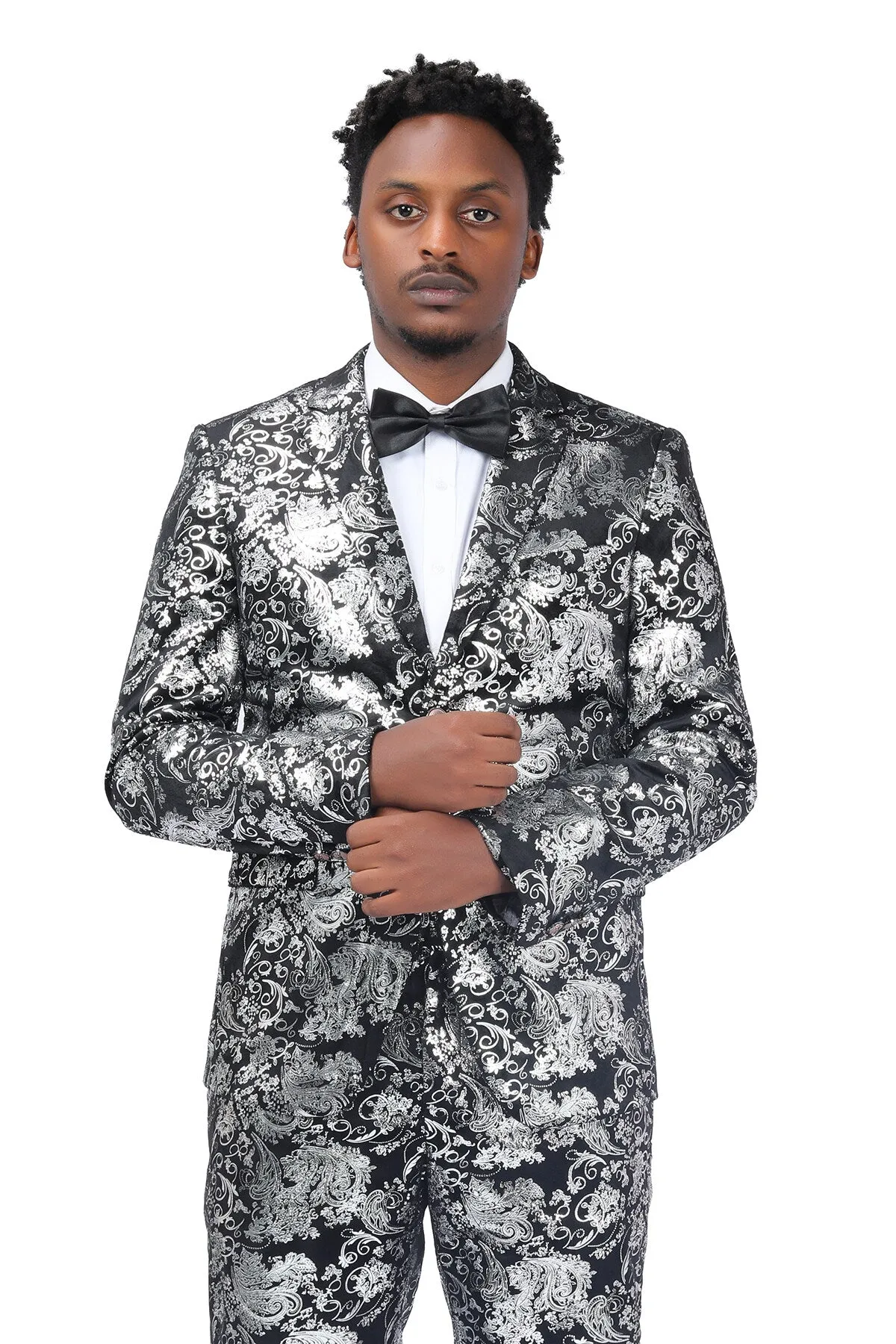 2-Piece Slim Fit Stylish Dress Floral Suit Silver