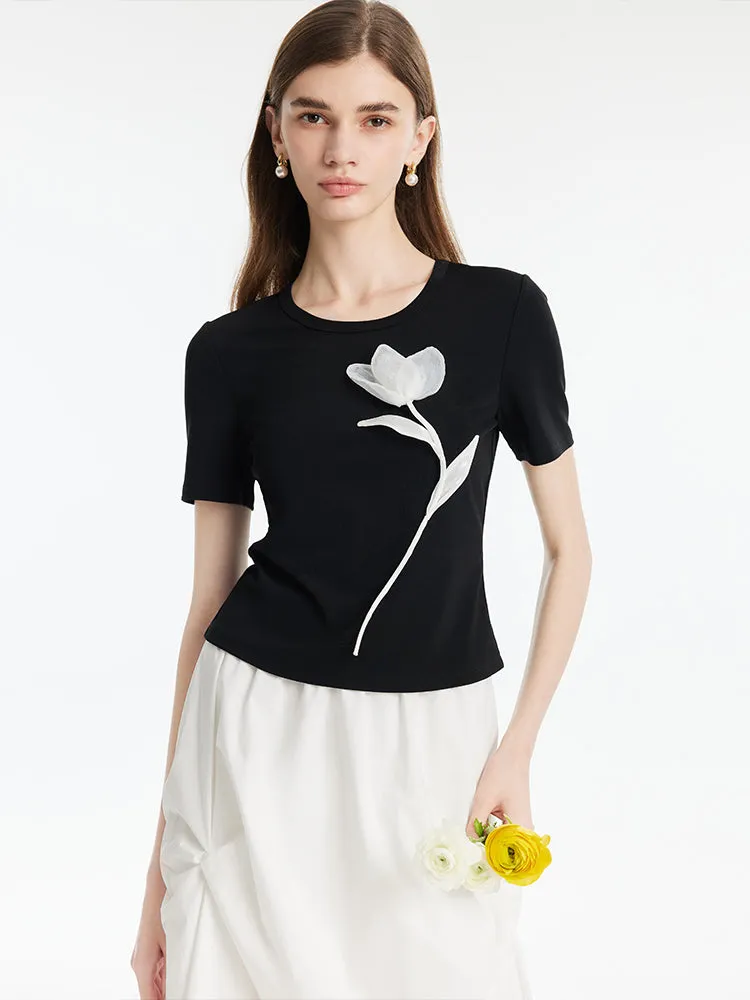 3D Rose T-Shirt And Ruched Skirt Two-Piece Set