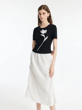 3D Rose T-Shirt And Ruched Skirt Two-Piece Set