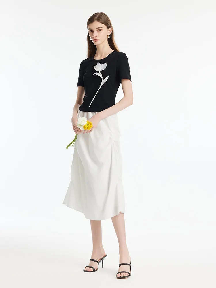 3D Rose T-Shirt And Ruched Skirt Two-Piece Set