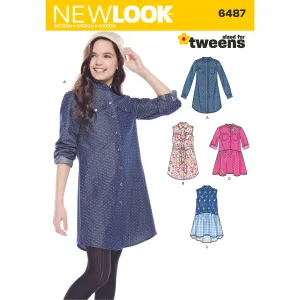 6487 New Look Pattern 6487 Girls' Shirt Dresses and Tie Belt