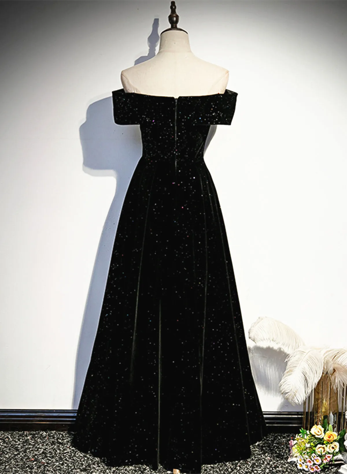 A-line Black Sweetheart Off Shoulder Long Velvet Prom Dress, Black Evening Dress