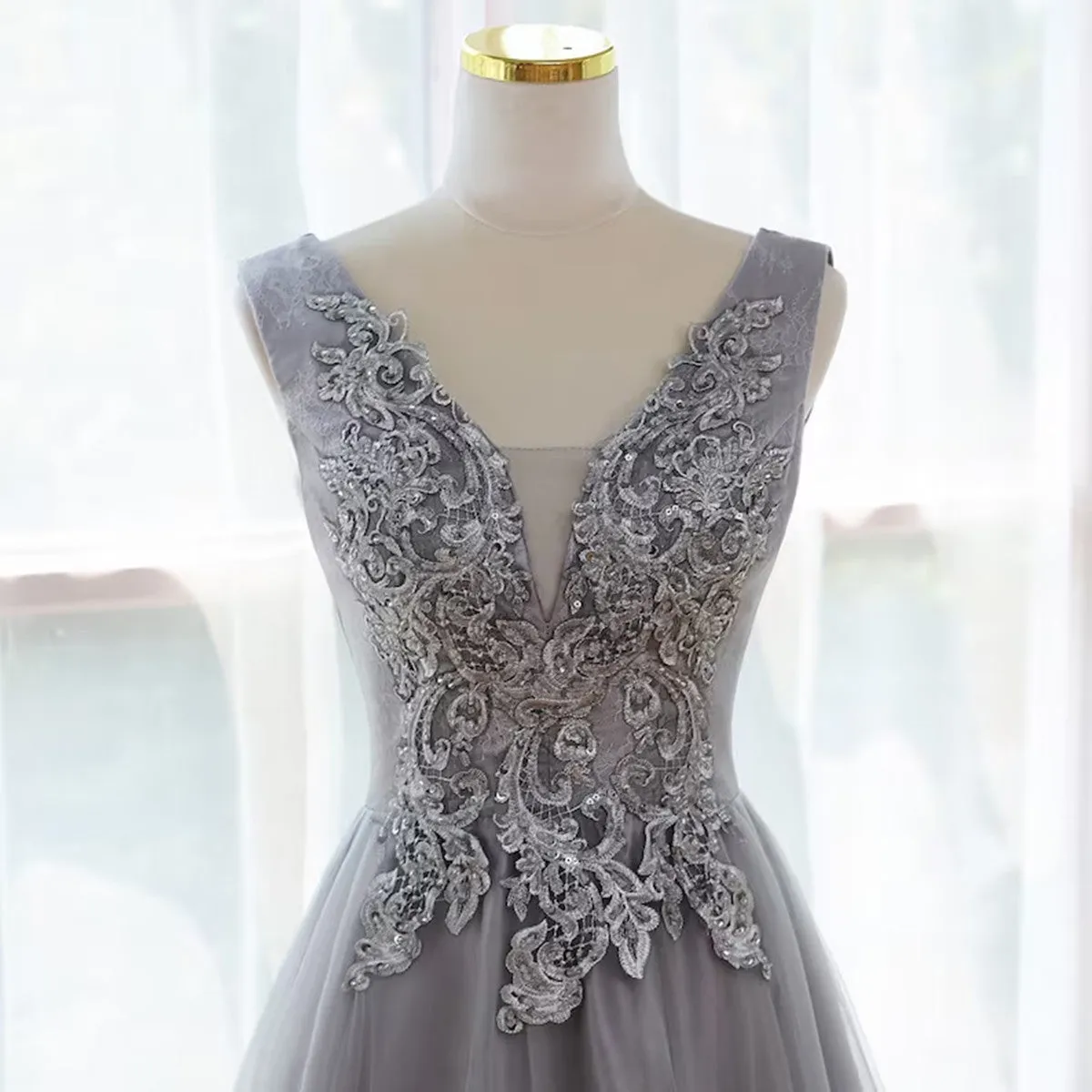 A-line Grey Tulle V-neckline Long Party Dress with Lace, Grey Bridesmaid Dress