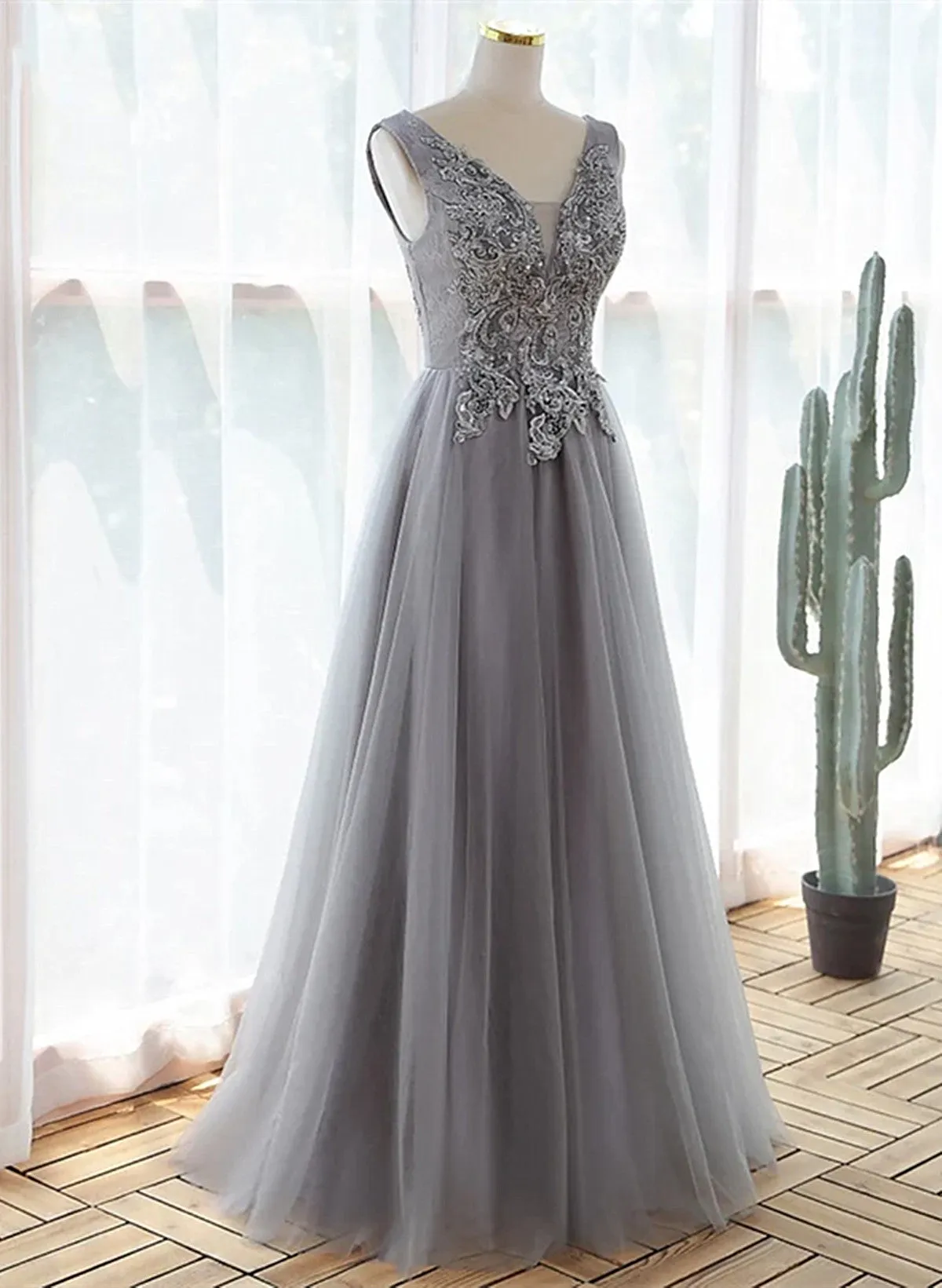 A-line Grey Tulle V-neckline Long Party Dress with Lace, Grey Bridesmaid Dress