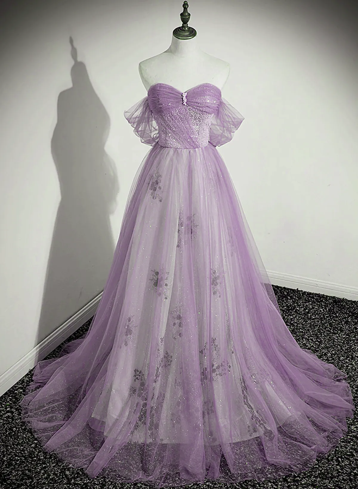 A-line Light Purple Beaded Sweetheart Evening Dress, Light Purple Prom Dress