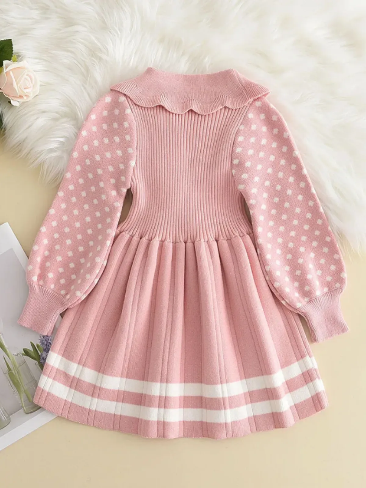 Adorable Polka Dot Sleeve Knit Dress with Elegant Pleats