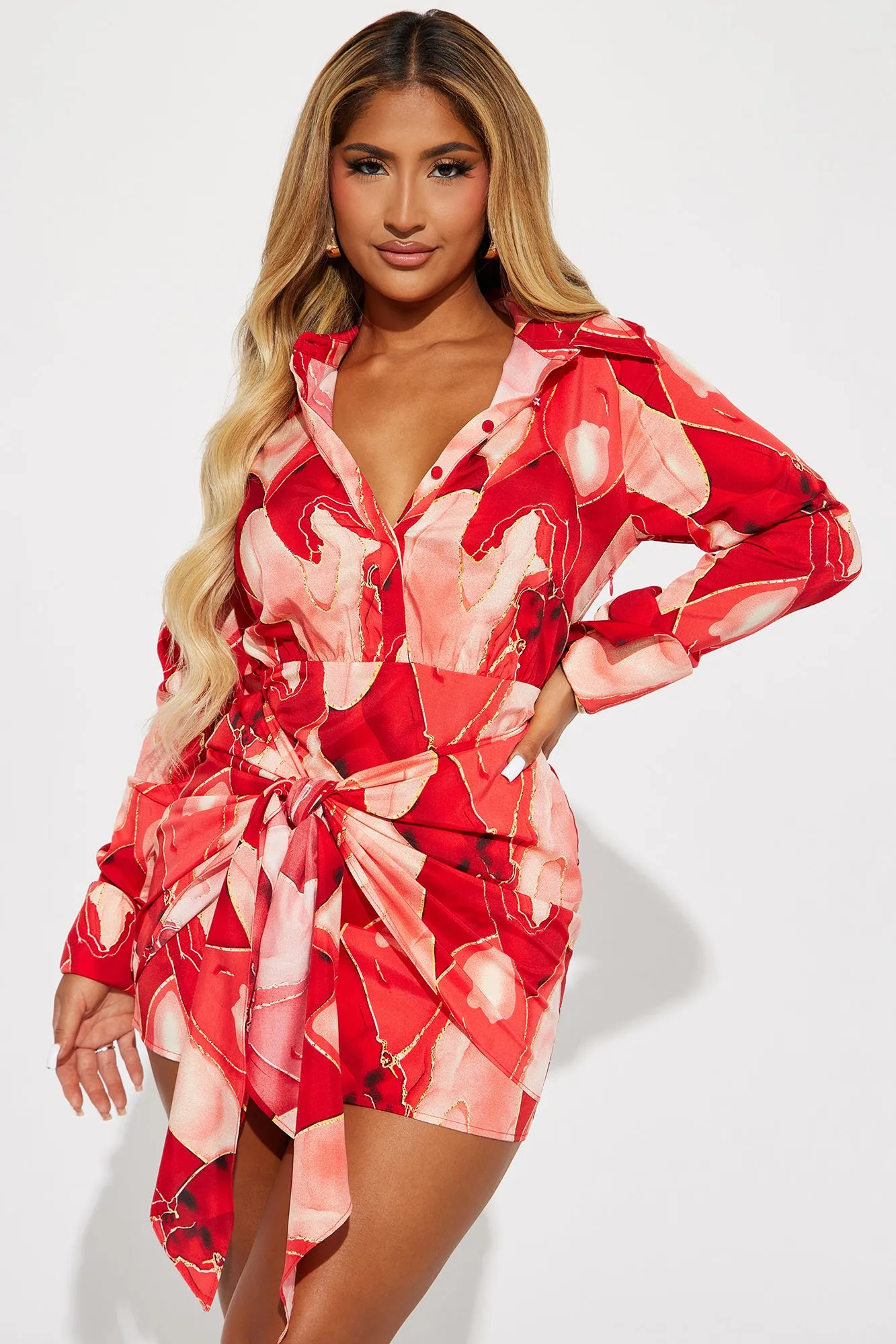 Amara Draped Mini Dress - Red/combo