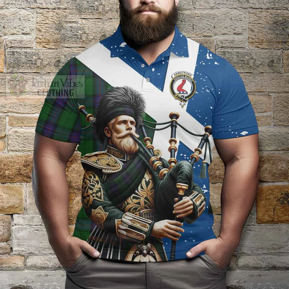 Armstrong Tartan Polo Shirt with Family Crest Scottish Bagpiper Vibes