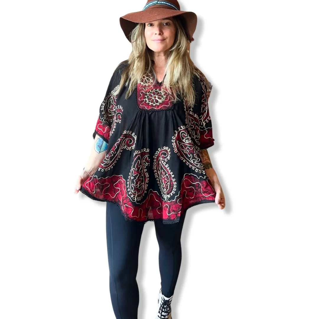 Artemis Batik Poncho Top - Red/Black