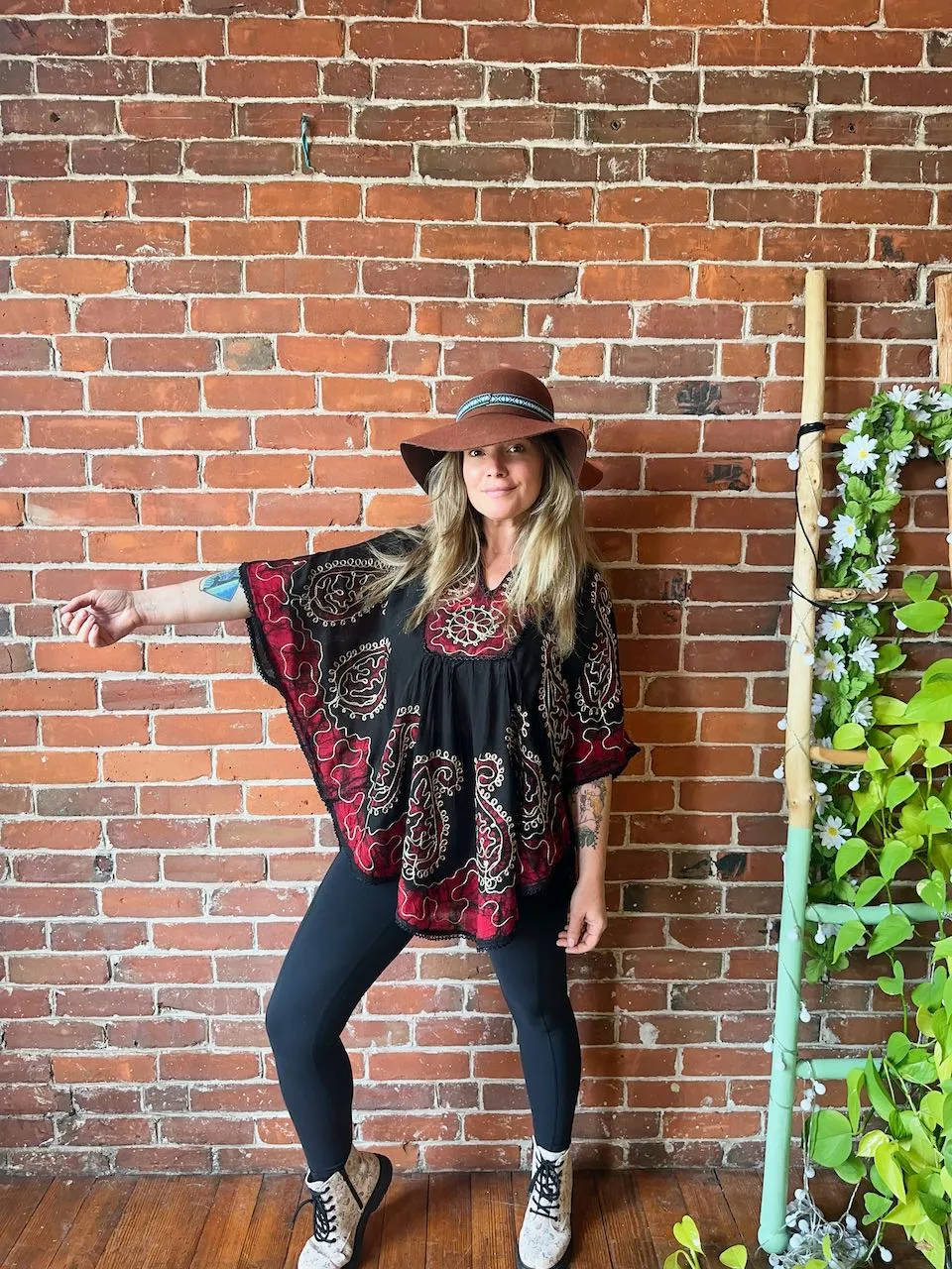 Artemis Batik Poncho Top - Red/Black