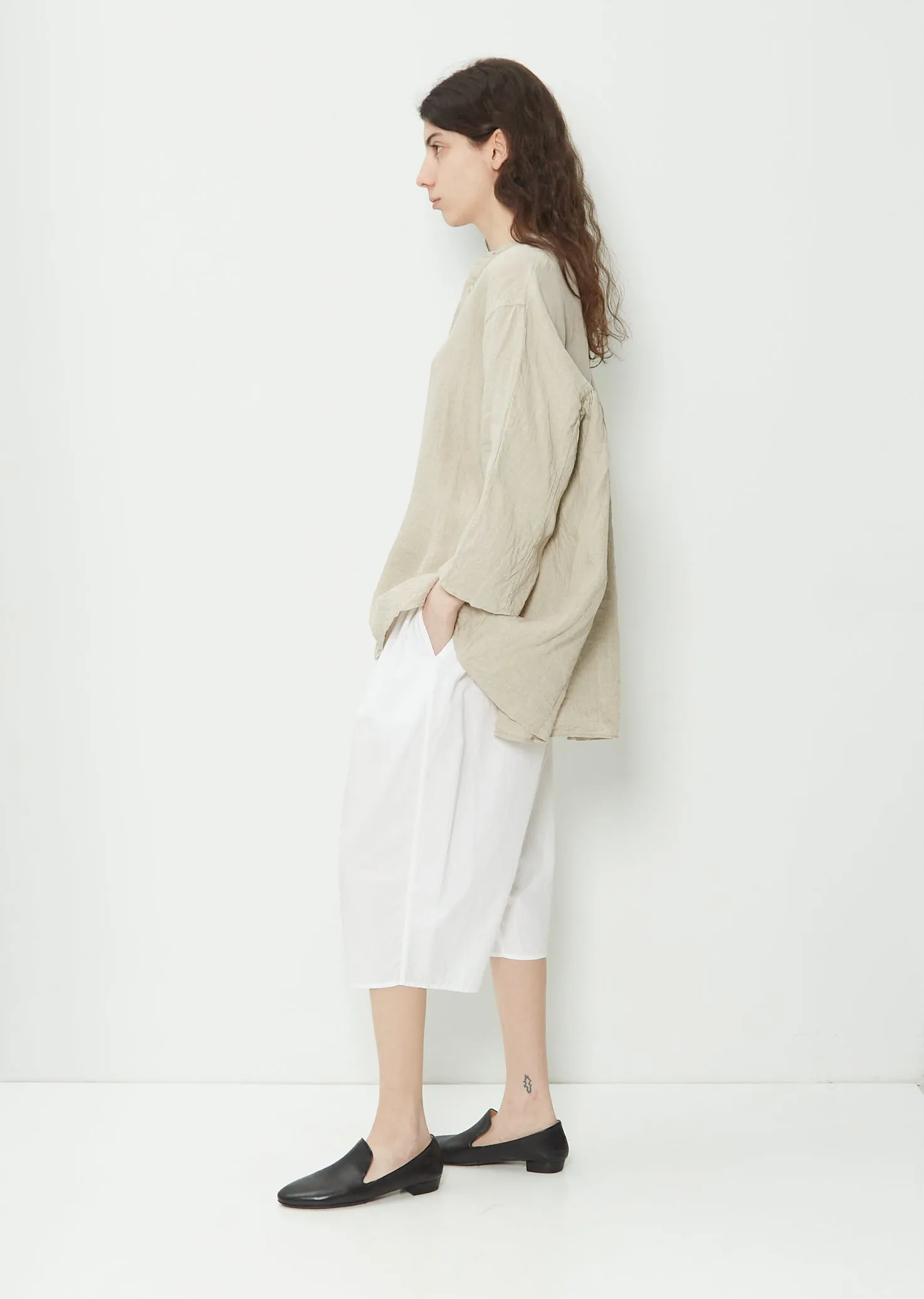 Band Collar Cotton Blouse — Natural