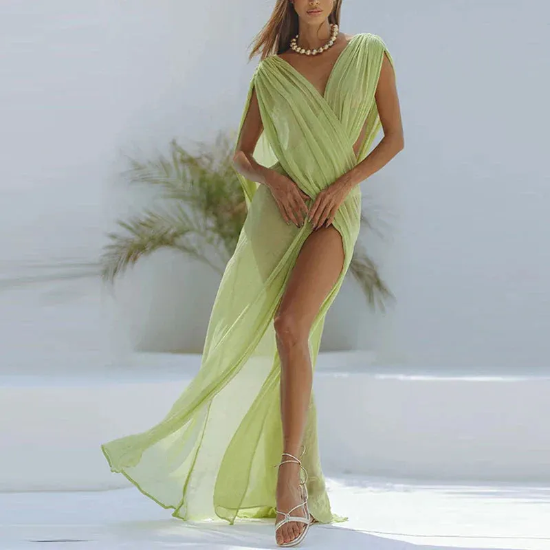 Beach Cover Up Sexy Perspective Mesh Draped Long Summer Hollow Out Sleeveless Split Party Women's Dress