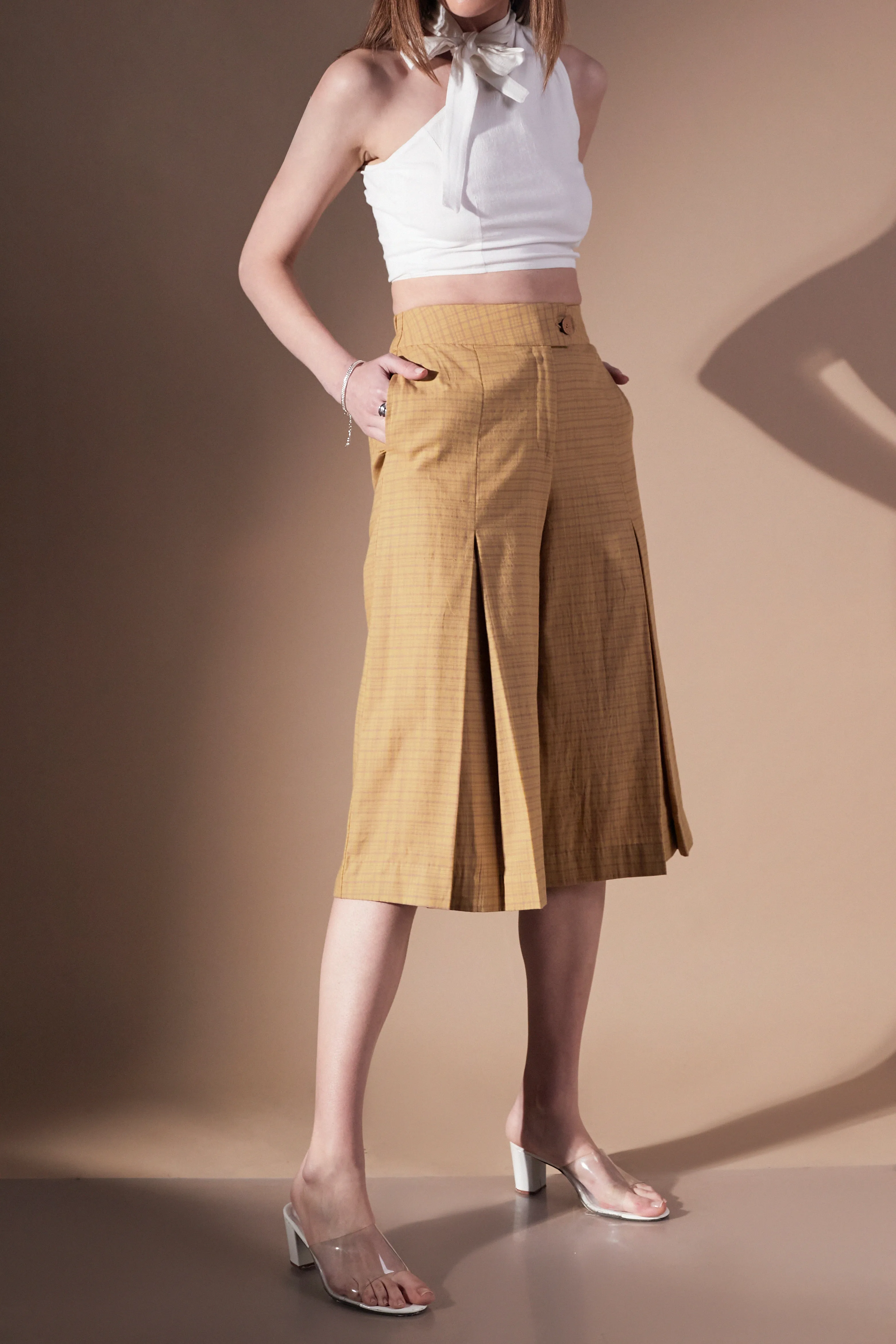 Beige Cotton Comfort fit Culottes for Women