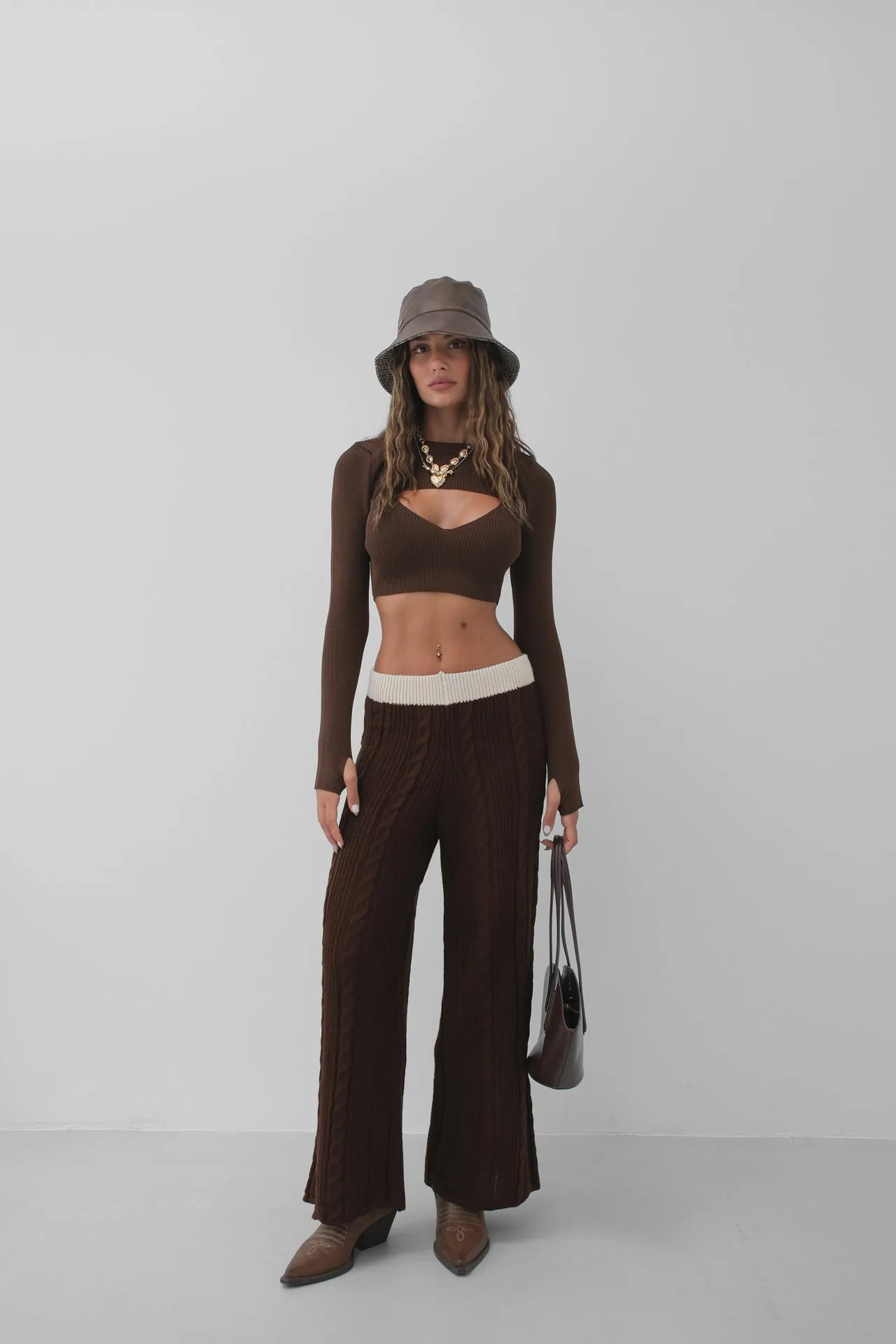 Belt Detail Wide Leg Knitted Trousers