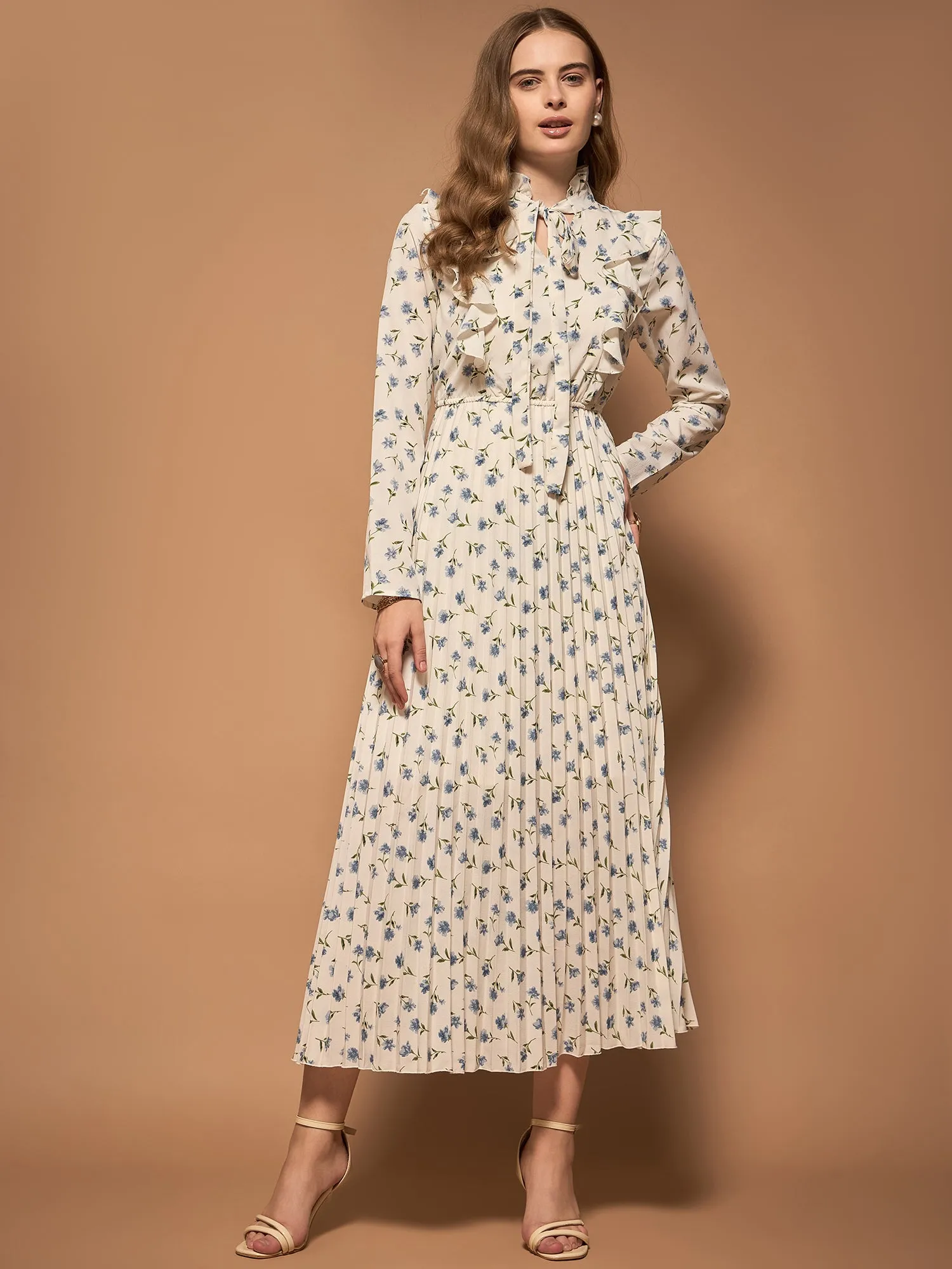 Berrylush Women White & Blue Floral Printed Tie-Up Neck Front Ruffles Pleated A-Line Maxi Dress