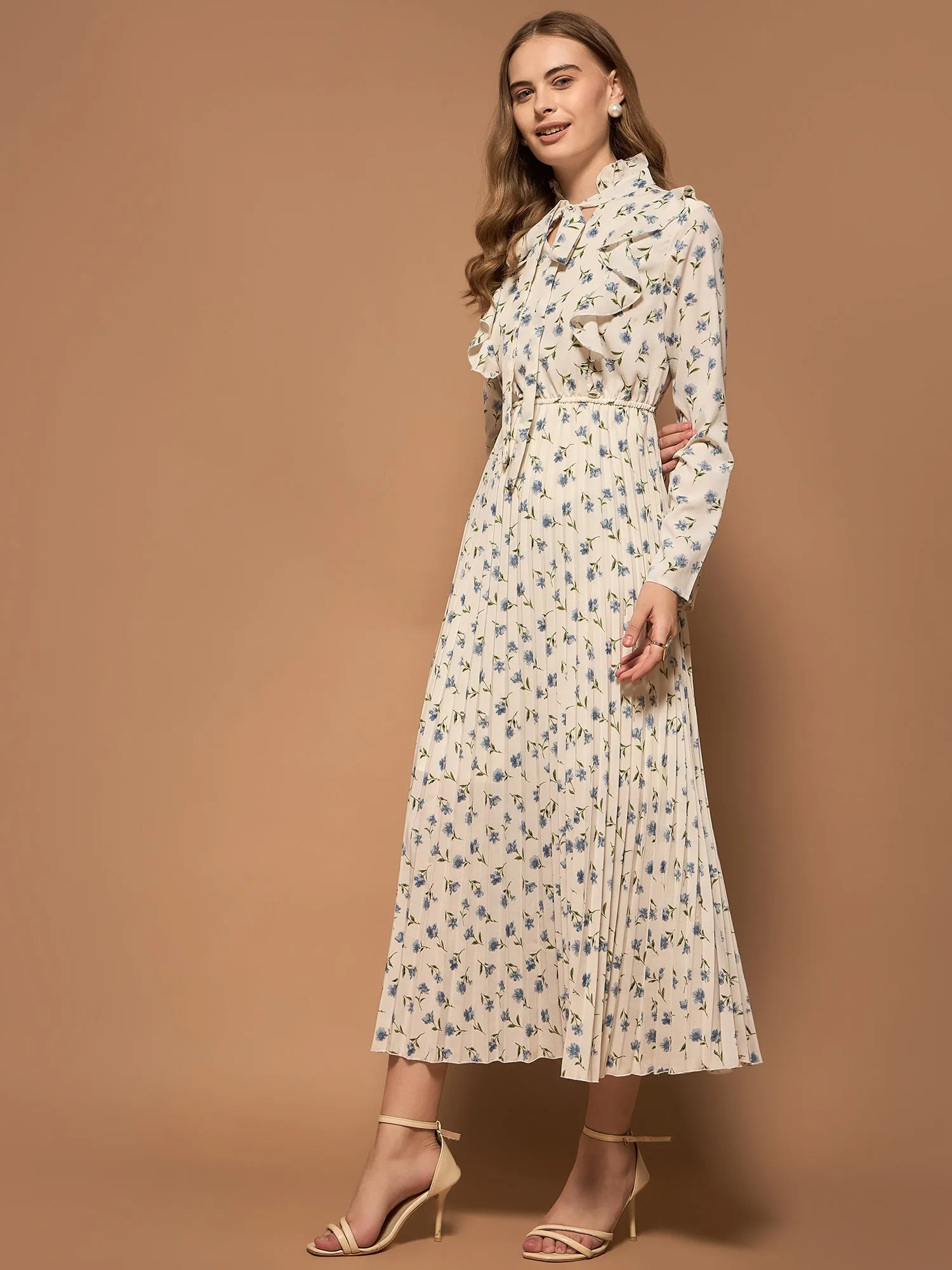 Berrylush Women White & Blue Floral Printed Tie-Up Neck Front Ruffles Pleated A-Line Maxi Dress