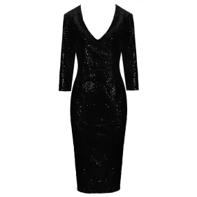 Black 3/4 Sleeve V Neck Velour Sequin Pencil Wiggle Dress