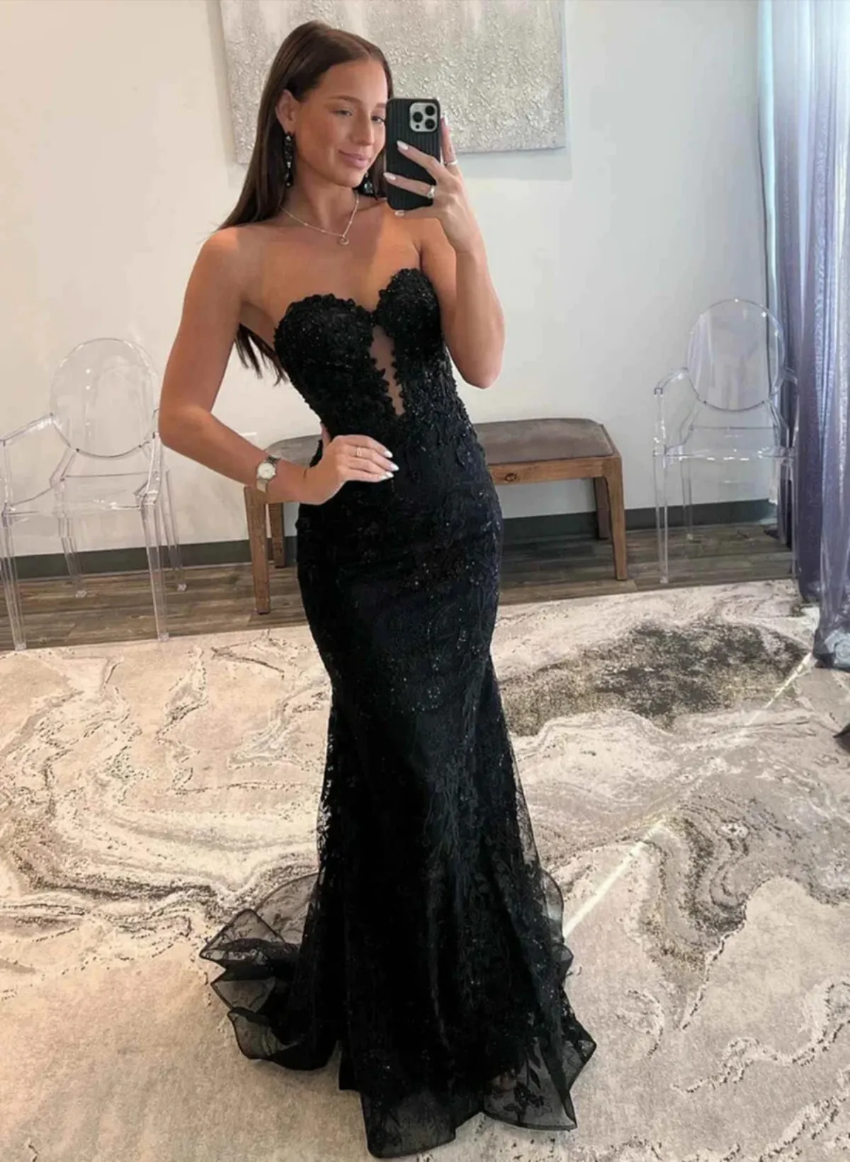 Black Lace Mermaid Long Sweetheart Prom Dress, Black Long Evening Dress