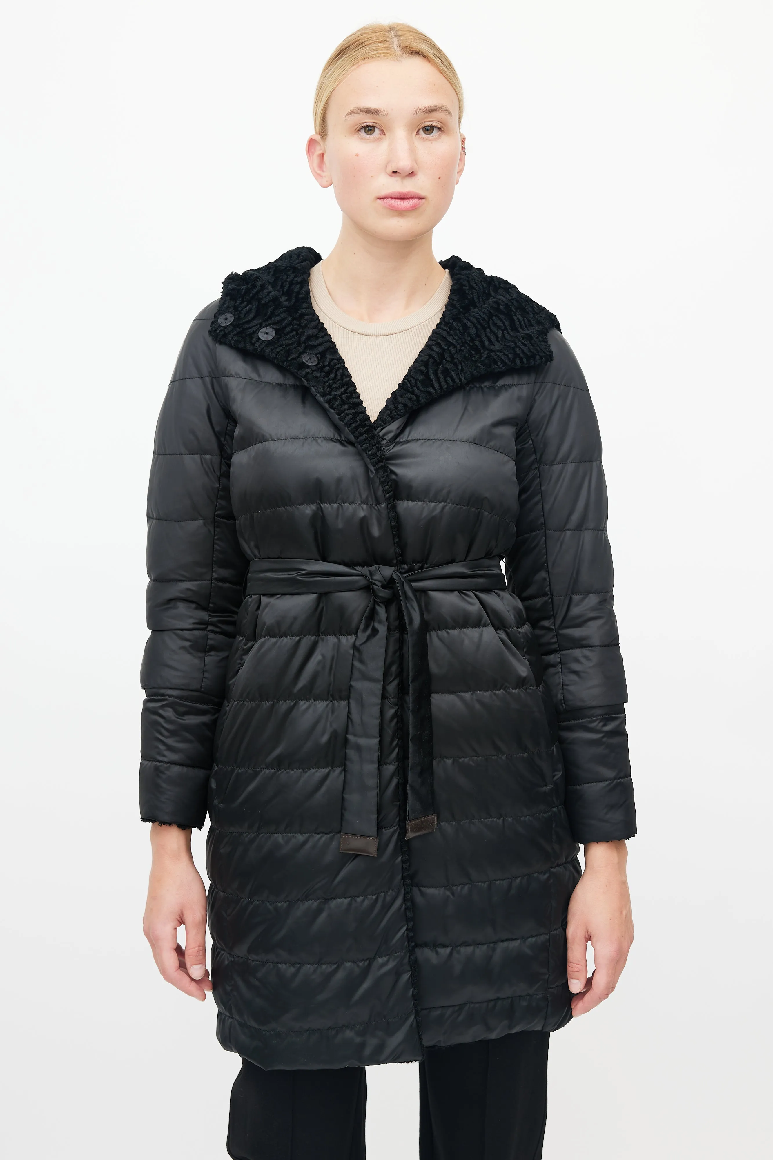 Black Novef Quilted Reversible Down Coat