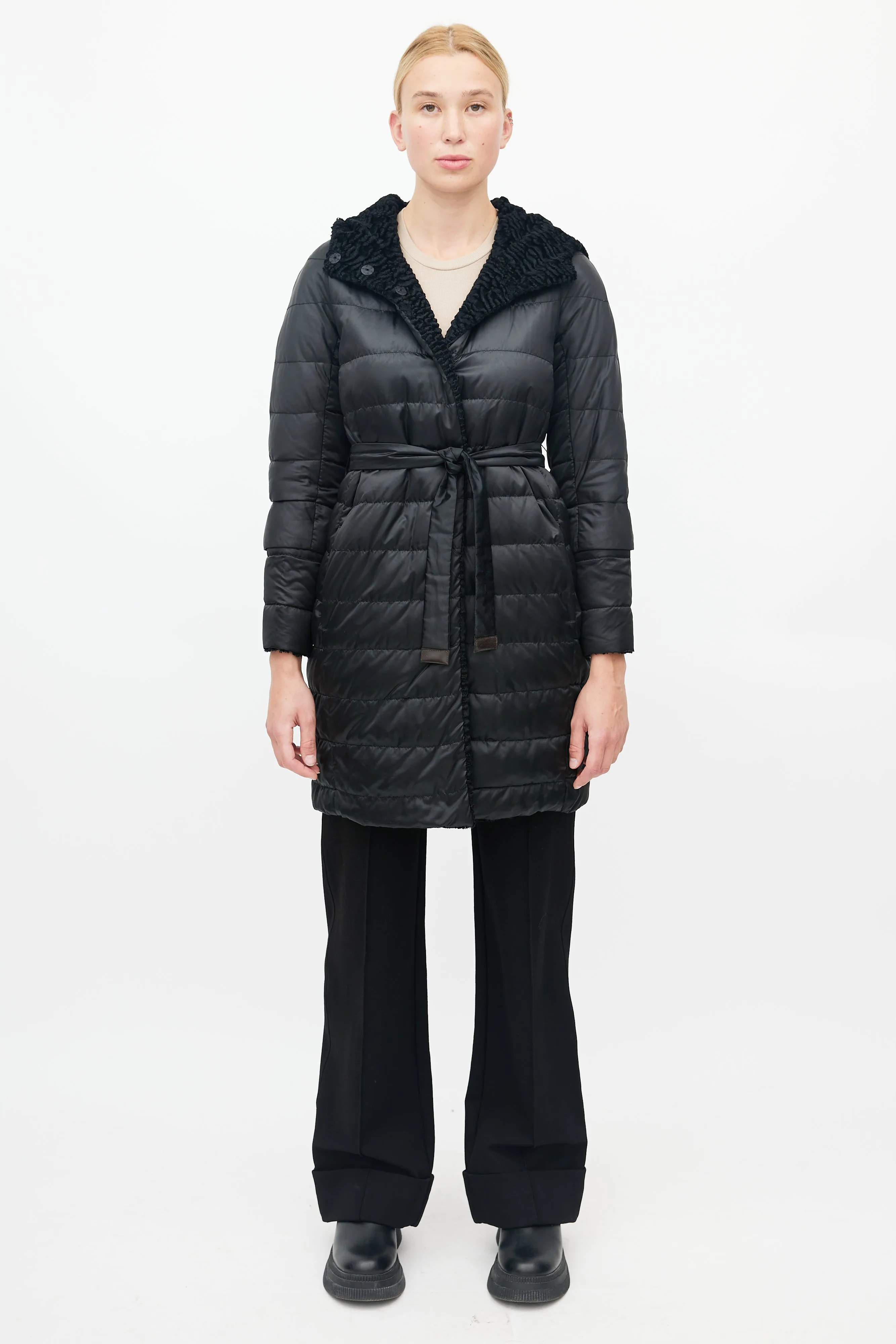 Black Novef Quilted Reversible Down Coat