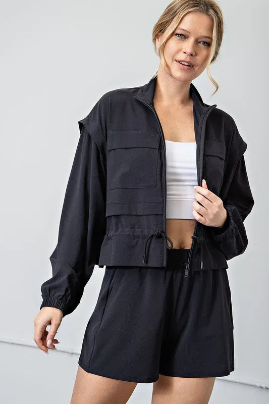 Black Plus Size Crinkle Woven Cropped Jacket