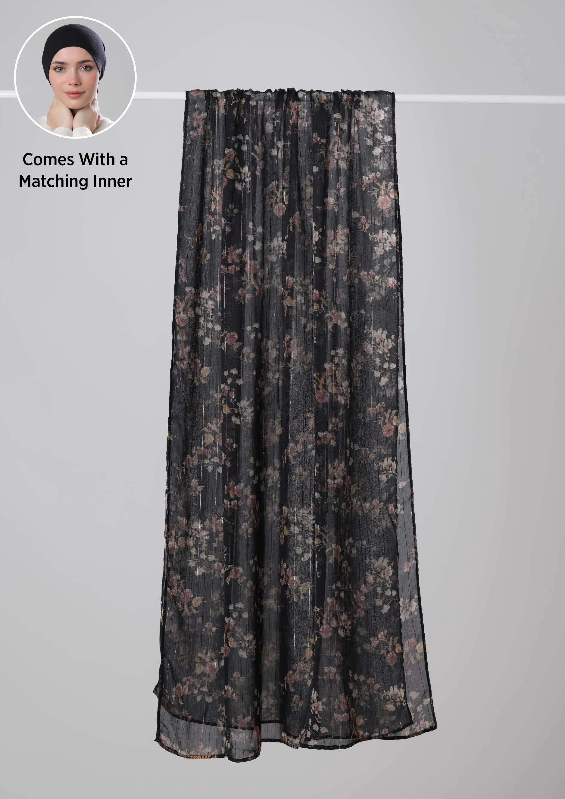 Black Shimmer - Classic Shawl- Printed Crinkled Chiffon with Lurex