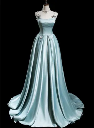 Blue Satin A-line Beaded Long Party Dress Prom Dress, Blue Evening Dress