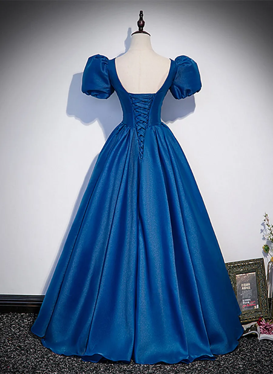 Blue Satin V-neckline Short Sleeves Long Formal Dress, Blue Satin Prom Dress