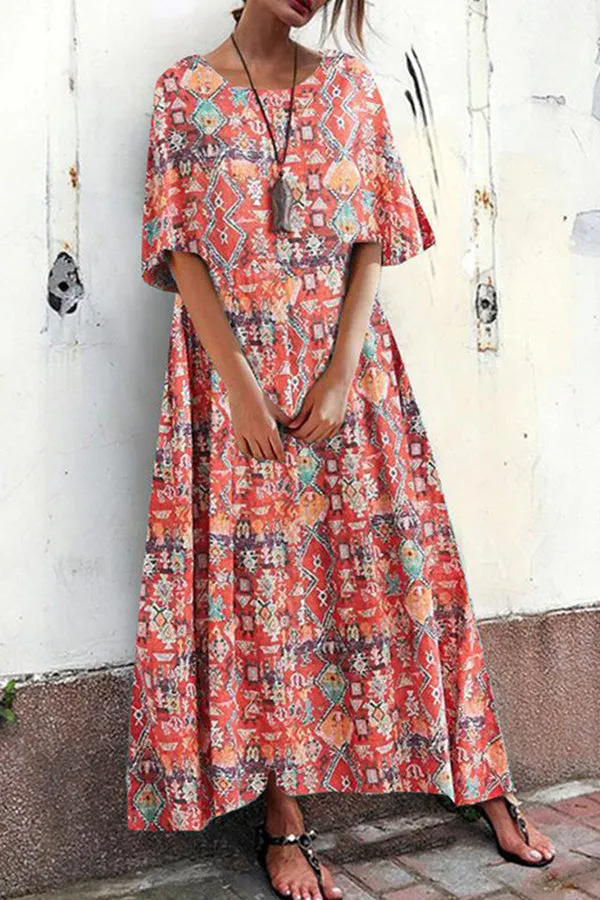 Boho Print Round Neck Maxi Dress