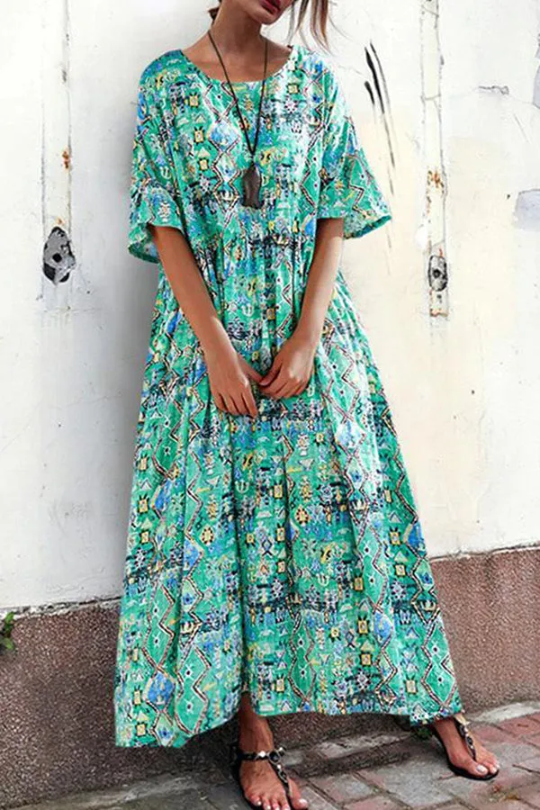 Boho Print Round Neck Maxi Dress