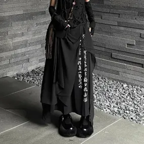 Bonsir Gothic Calligraphy Print Culottes Dark Irregular Wide-Leg Pants Autumn Streetwear Versatile Hakama Trend Samurai Pants Unisex