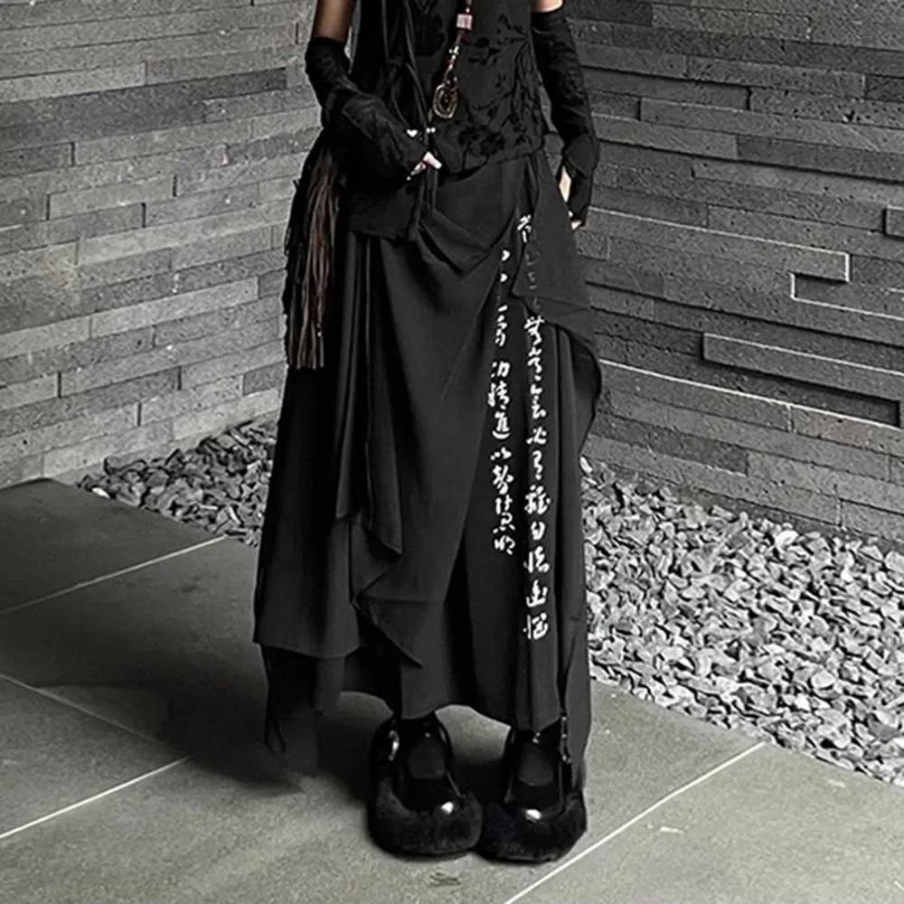 Bonsir Gothic Calligraphy Print Culottes Dark Irregular Wide-Leg Pants Autumn Streetwear Versatile Hakama Trend Samurai Pants Unisex