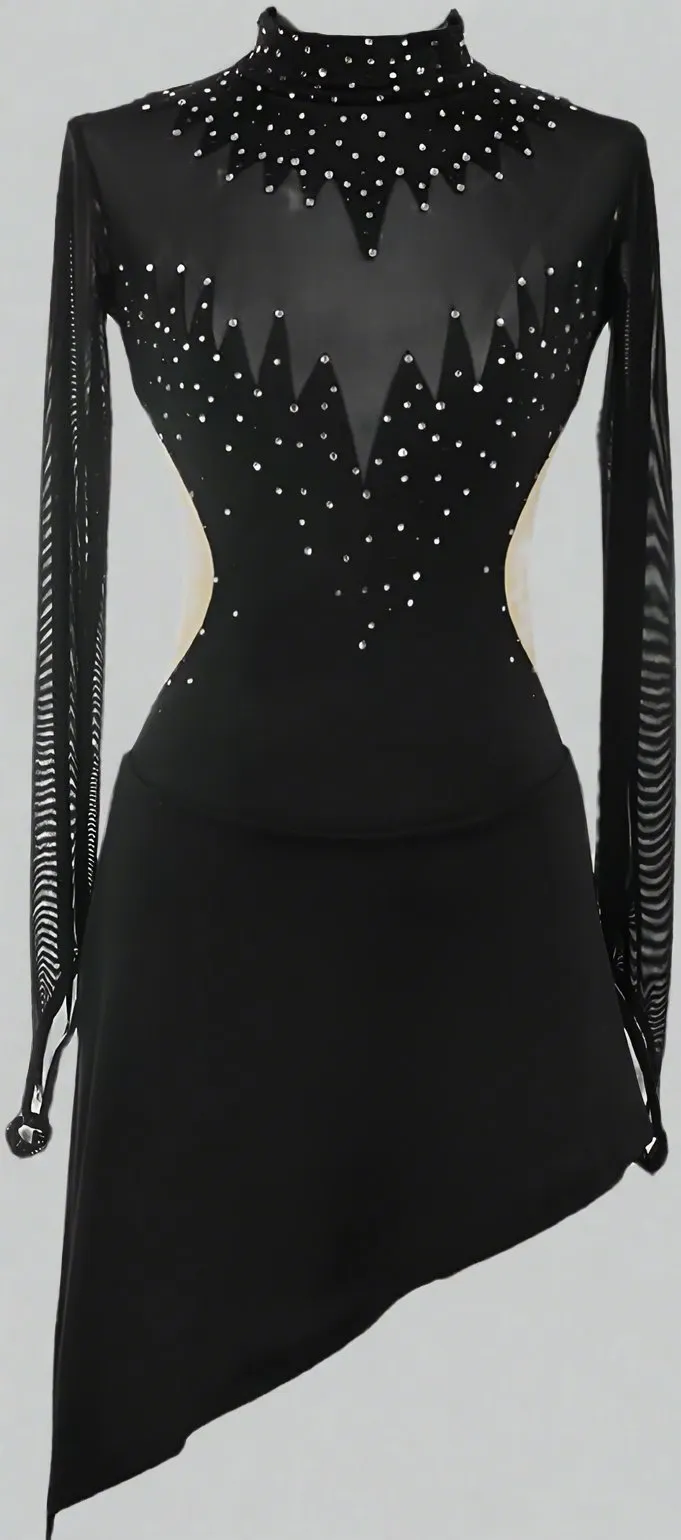 Boutique Step Up Figure Skating Dress, Shiny Rhinestone mesh fingertip Sleeves(BLACK)