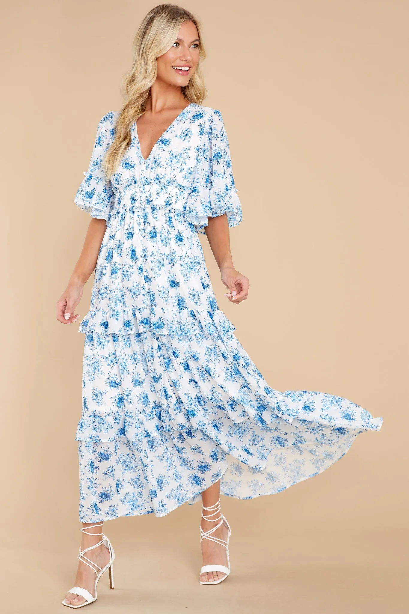 Bright Mornings White And Blue Floral Print Maxi Dress