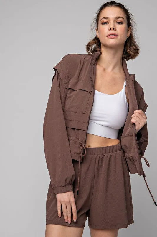 Brown Splash Plus Size Crinkle Woven Cropped Jacket