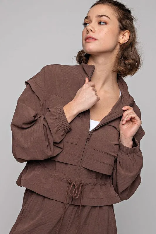 Brown Splash Plus Size Crinkle Woven Cropped Jacket