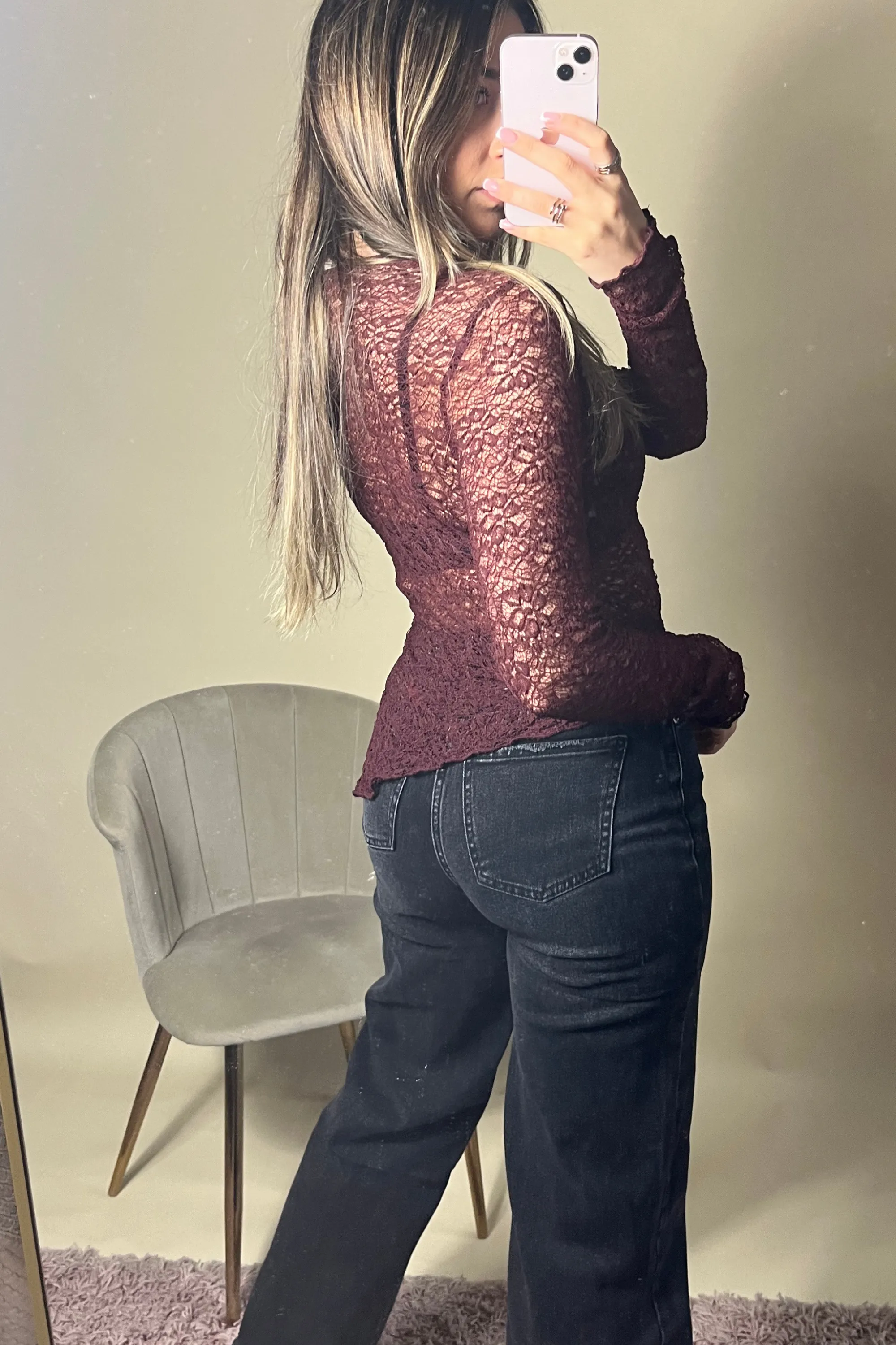 Burgundy Long Sleeve Sheer Floral Lace Top