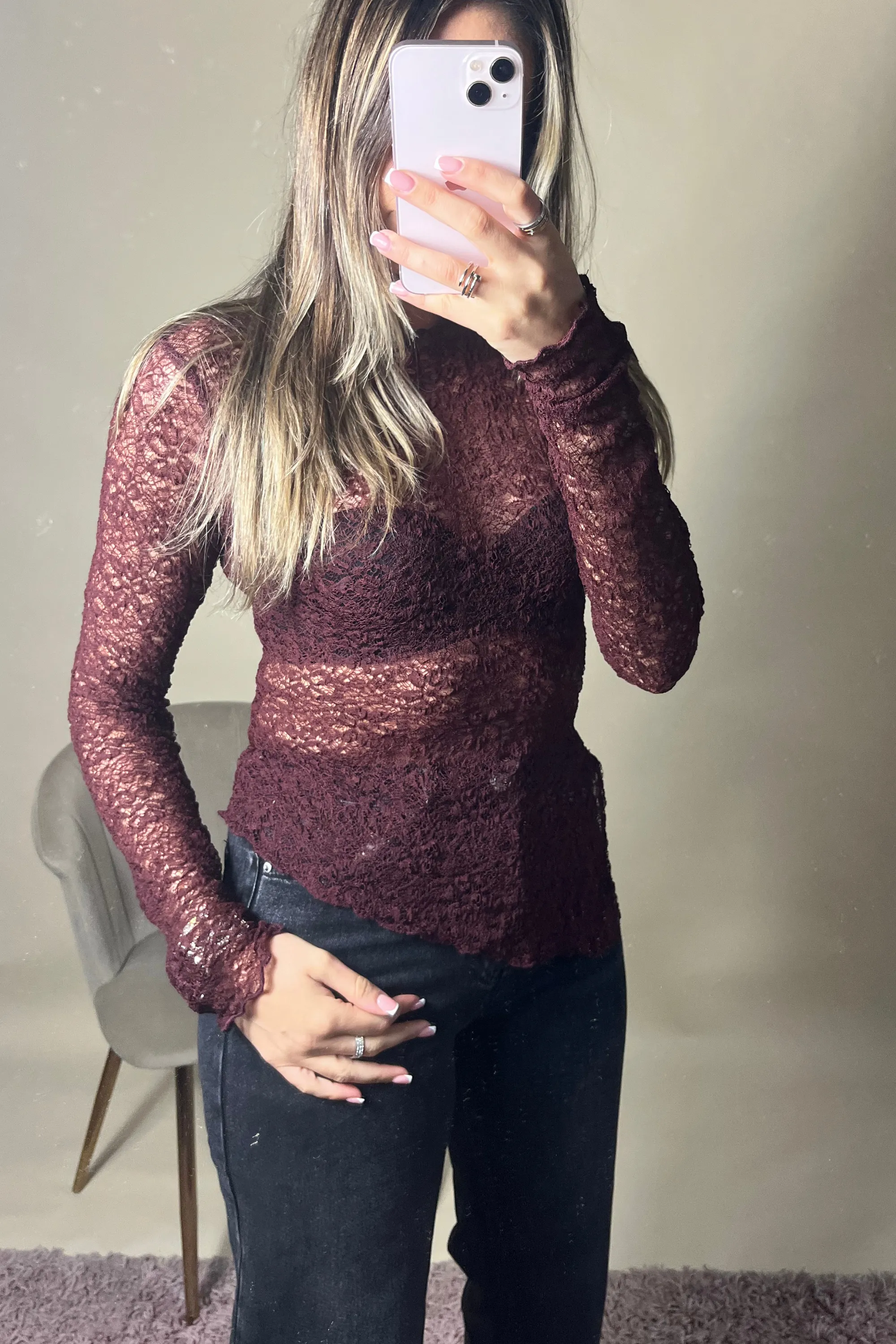 Burgundy Long Sleeve Sheer Floral Lace Top