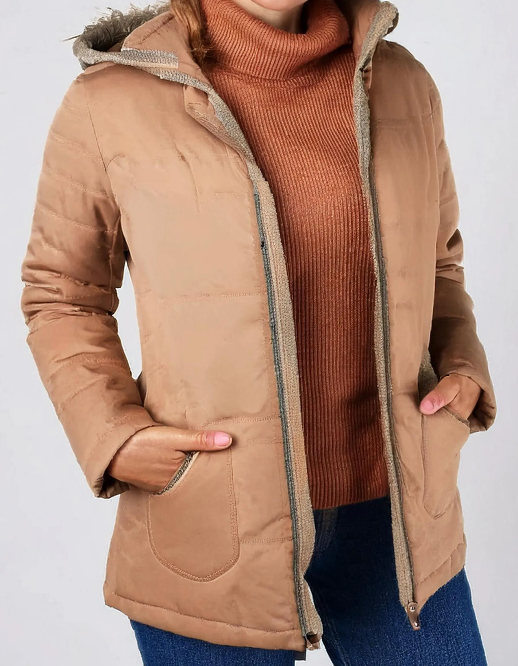 Camel Brown Fleece-Lined Parka Jacket