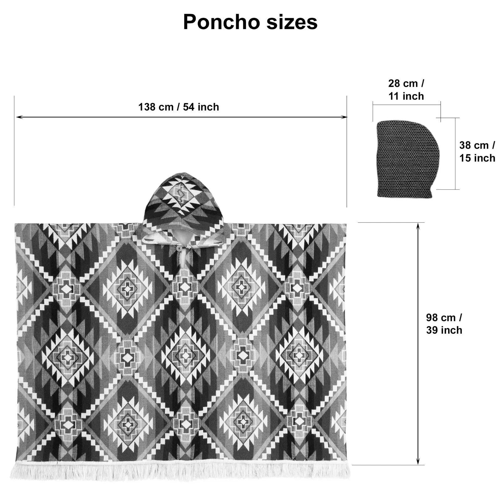 Canguraca - Baby Alpaca wool Unisex Hooded Poncho Pullover S-XXL - gray - Inca Cross pattern