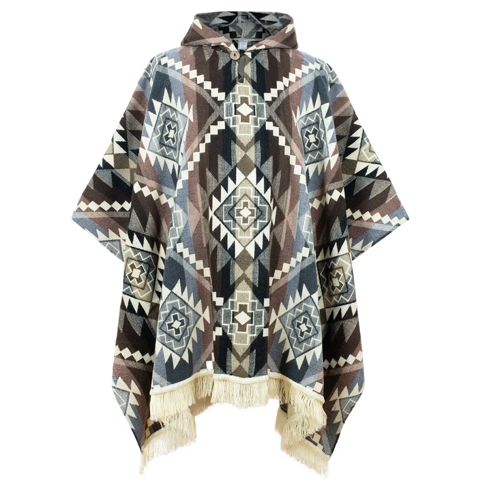 Canguraca - Baby Alpaca wool Unisex Hooded Poncho Pullover S-XXL - gray - Inca Cross pattern