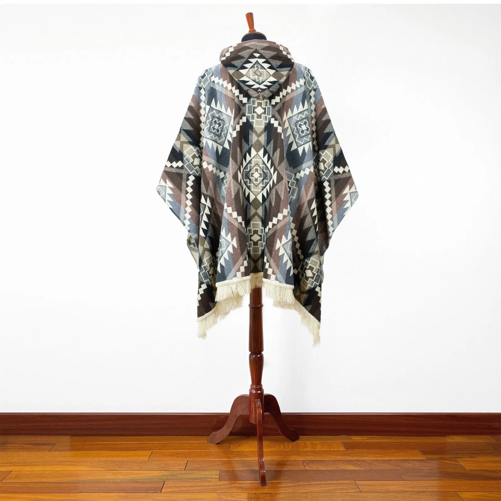 Canguraca - Baby Alpaca wool Unisex Hooded Poncho Pullover S-XXL - gray - Inca Cross pattern