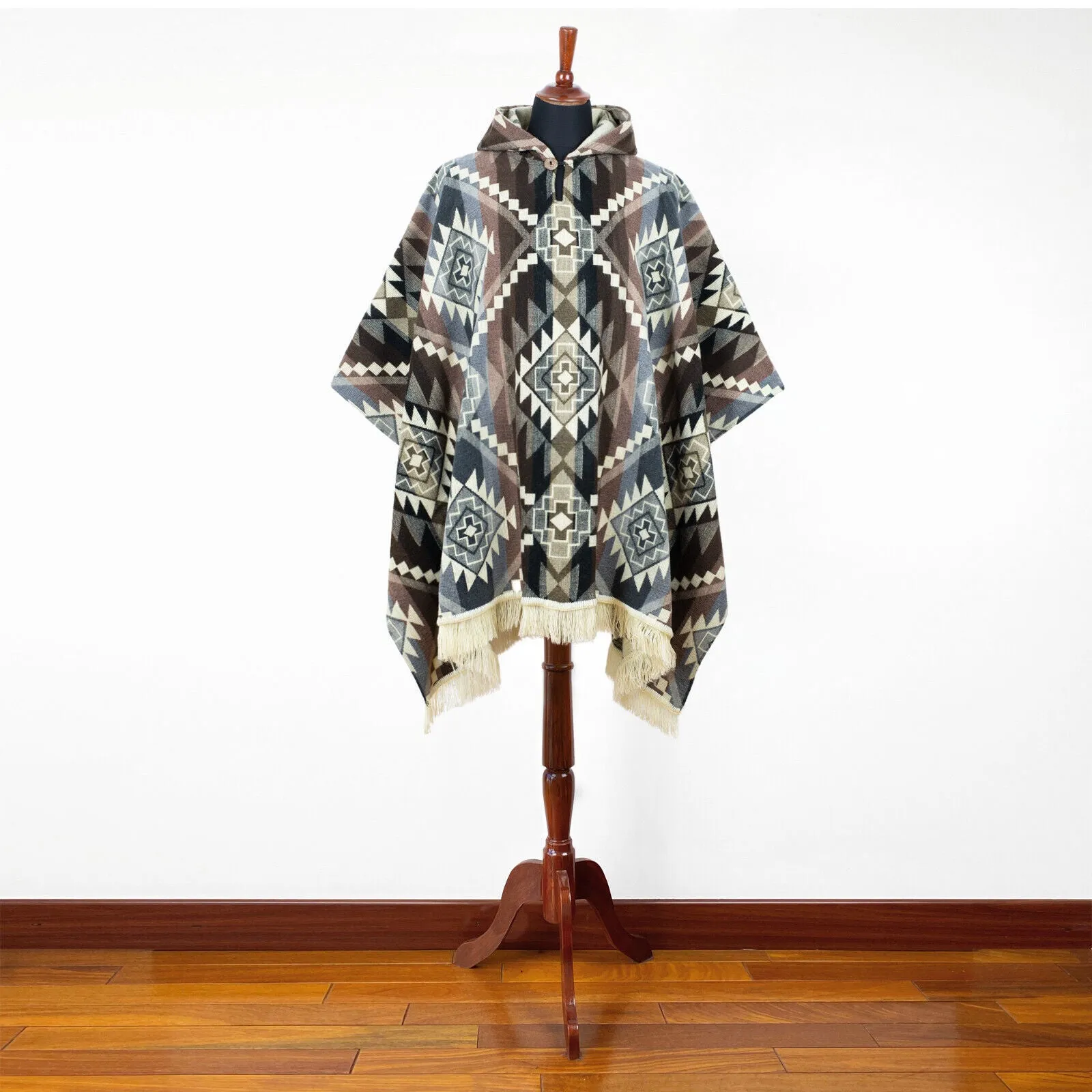 Canguraca - Baby Alpaca wool Unisex Hooded Poncho Pullover S-XXL - gray - Inca Cross pattern