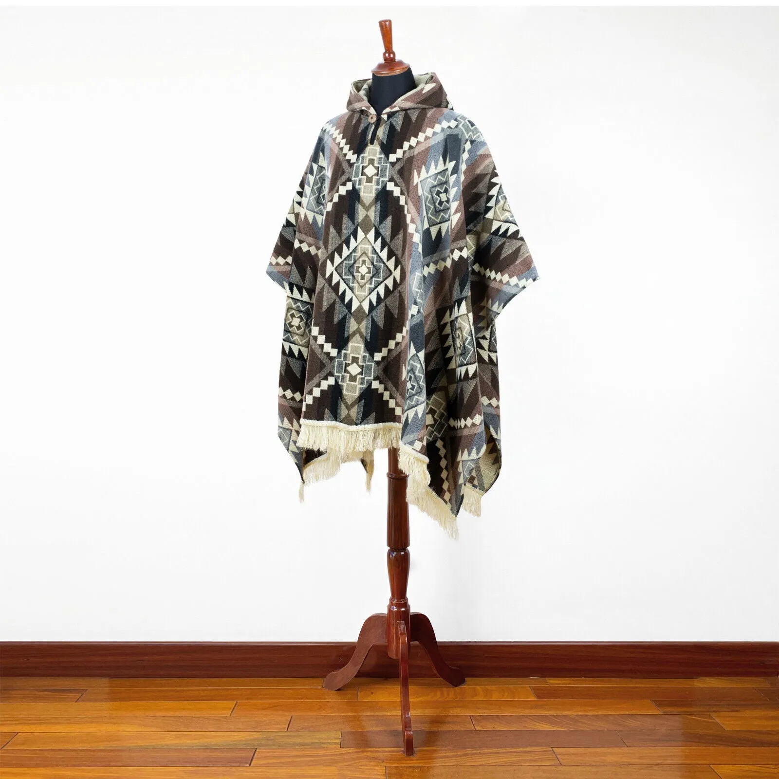 Canguraca - Baby Alpaca wool Unisex Hooded Poncho Pullover S-XXL - gray - Inca Cross pattern