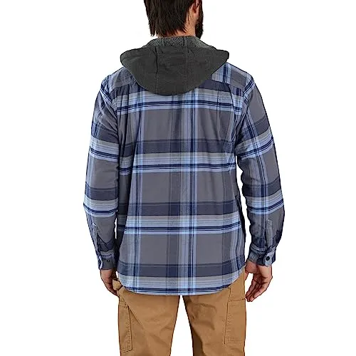 Carhartt 105938 Men's Rugged Flex Relaxed Fit Flannel Fleece Lined Hooded Shirt Jac, Navy